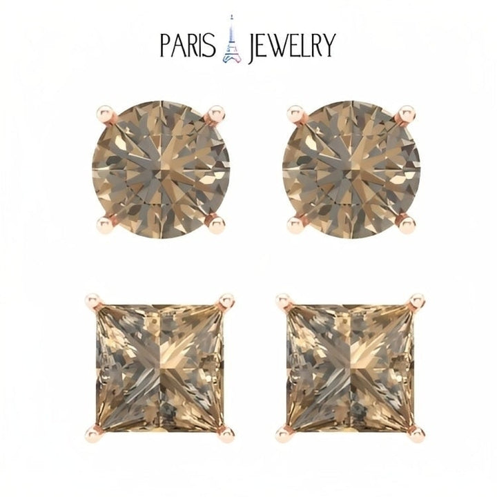 Paris Jewelry 18k Rose Gold 2 Pair Created Champagne 4mm Round and Princess Cut Stud Earrings Plated Image 1