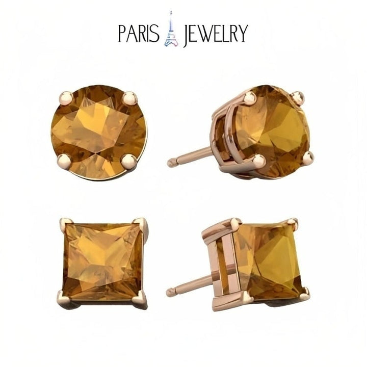 Paris Jewelry 18k Rose Gold 2 Pair Created Citrine 4mm Round and Princess Cut Stud Earrings Plated Image 1