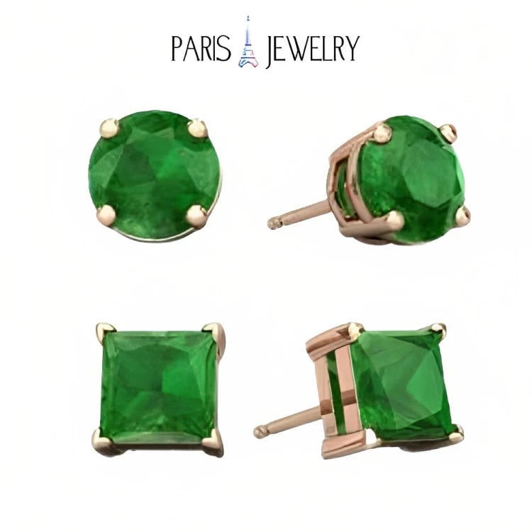 Paris Jewelry 18k Rose Gold 2 Pair Created Emerald 6mm Round and Princess Cut Stud Earrings Plated Image 1