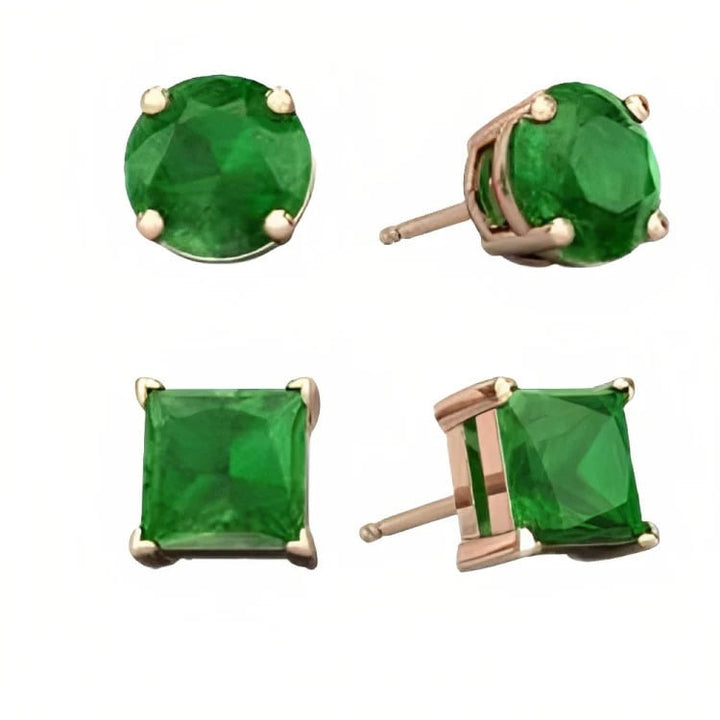 Paris Jewelry 18k Rose Gold 2 Pair Created Emerald 6mm Round and Princess Cut Stud Earrings Plated Image 2