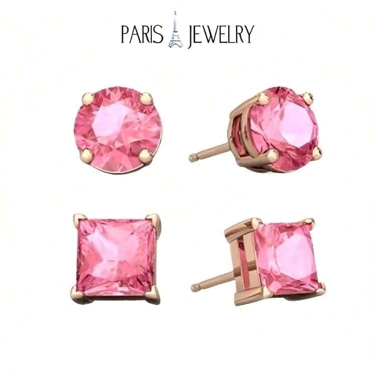 Paris Jewelry 18k Rose Gold 2 Pair Created Tourmaline 4mm Round and Princess Cut Stud Earrings Plated Image 1