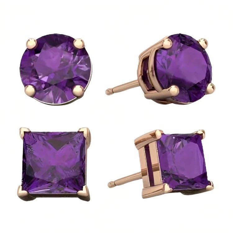 Paris Jewelry 18k Rose Gold 2 Pair Created Amethyst 6mm Round and Princess Cut Stud Earrings Plated Image 2