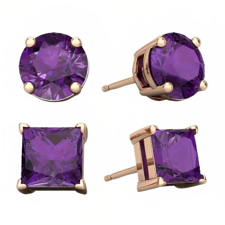 Paris Jewelry 18k Rose Gold 2 Pair Created Amethyst 6mm Round and Princess Cut Stud Earrings Plated Image 2