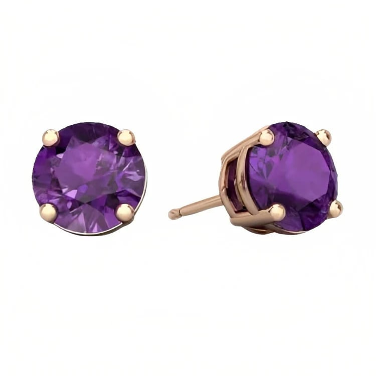 Paris Jewelry 18k Rose Gold 2 Pair Created Amethyst 6mm Round and Princess Cut Stud Earrings Plated Image 3