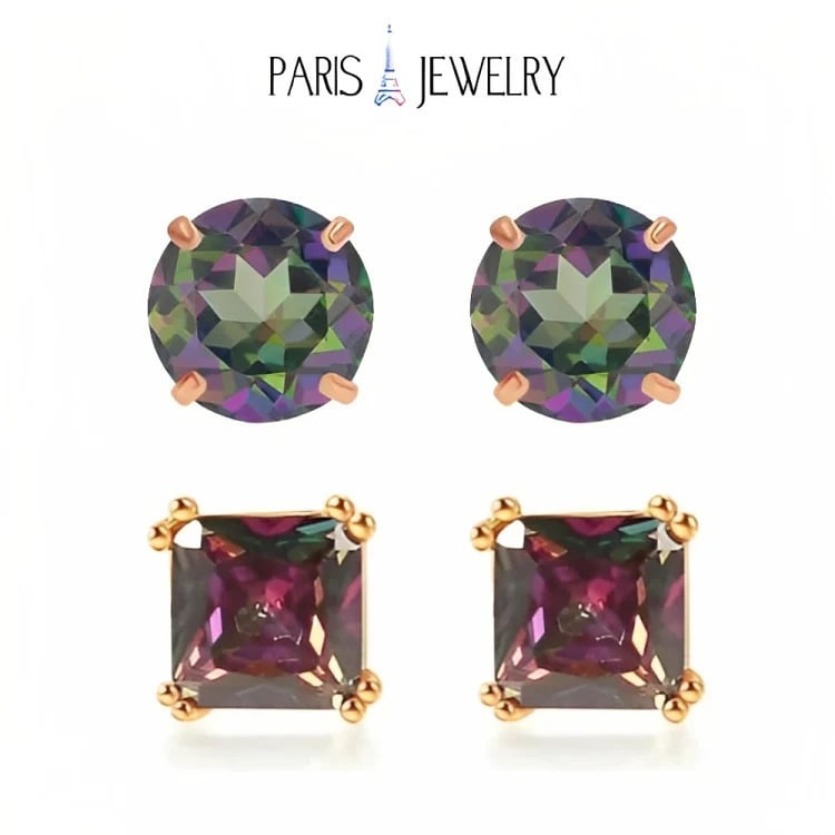 Paris Jewelry 18k Rose Gold 2 Pair Created Mystic 6mm Round and Princess Cut Stud Earrings Plated Image 1