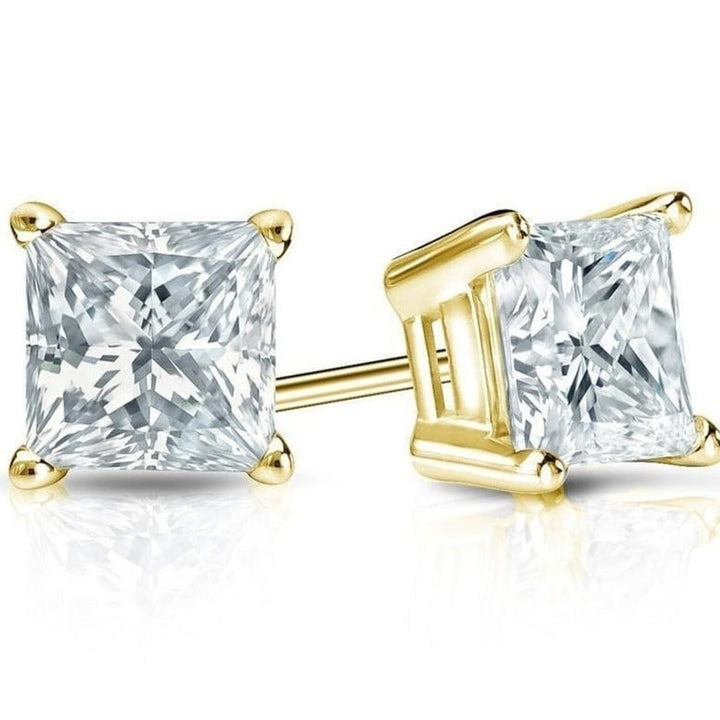 18k Yellow Gold Plated 4ct Created White Sapphire Princess Cut Stud Earrings Image 1