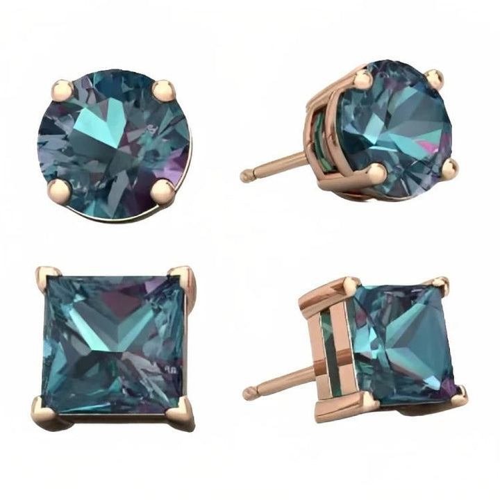 Paris Jewelry 18k Rose Gold 2 Pair Created Alexandrite 6mm Round and Princess Cut Stud Earrings Plated Image 2