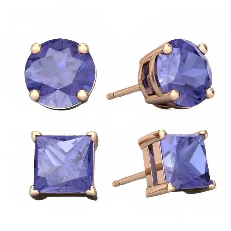 Paris Jewelry 18k Rose Gold 2 Pair Created Tanzanite 6mm Round and Princess Cut Stud Earrings Plated Image 2