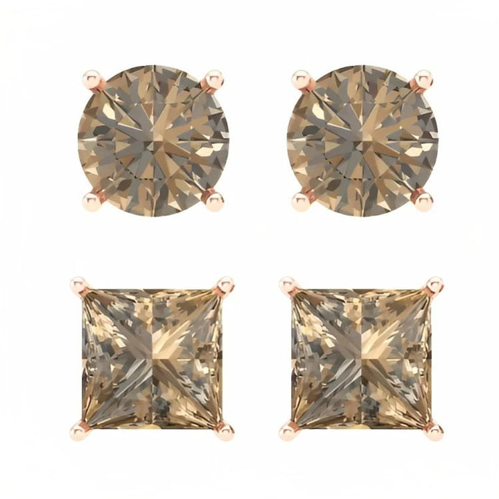 Paris Jewelry 18k Rose Gold 2 Pair Created Champagne 6mm Round and Princess Cut Stud Earrings Plated Image 2