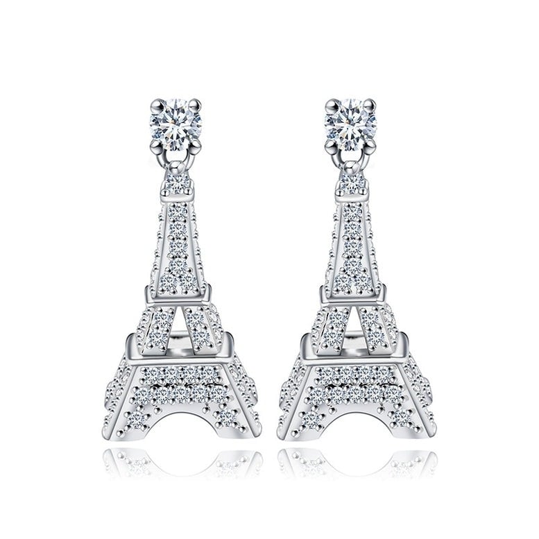 18K White Gold Brushed Small Dangling Eiffel Tower 4mm With Created White Sapphire 1/4Ct Earrings Plated Image 1