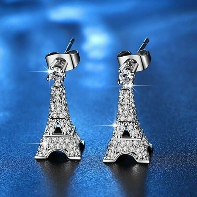 18K White Gold Brushed Small Dangling Eiffel Tower 4mm With Created White Sapphire 1/4Ct Earrings Plated Image 2