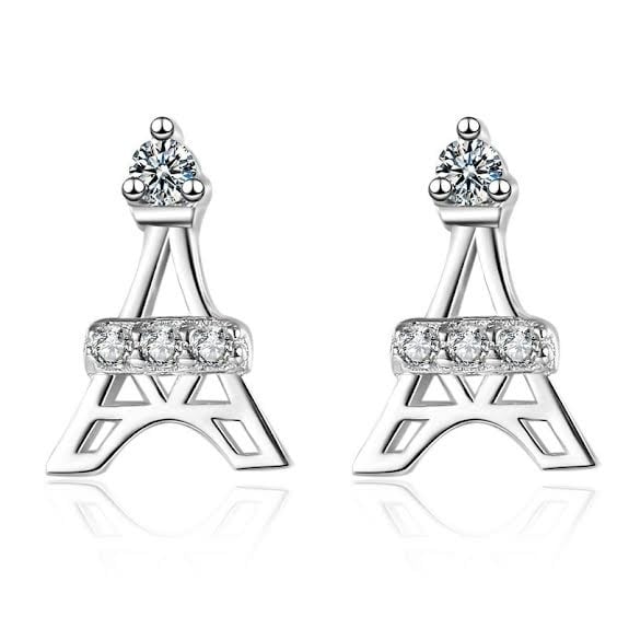 18K White Gold Polished Small Eiffel Tower 4mm With Created White Sapphire 1/4Ct Earrings Plated Image 1