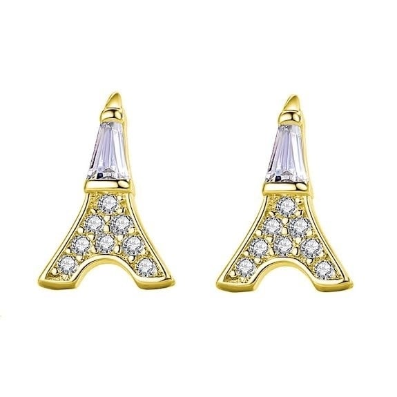 18K Yellow Gold Small Eiffel Tower 4mm With Created White Sapphire 1/4Ct Earrings Plated Image 1