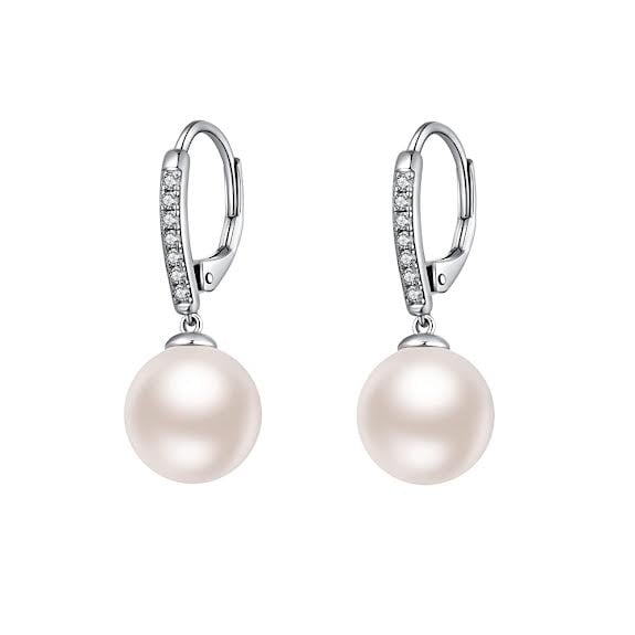 18K White Gold Freshwater Lever Back White Pearl 8mm With Created Sapphire Earrings Plated Image 1