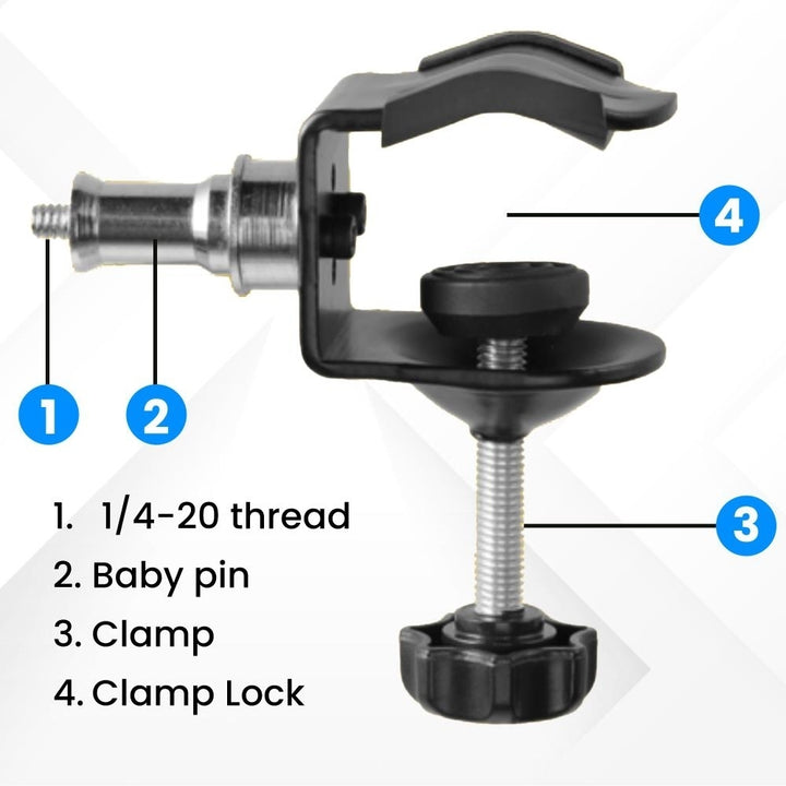 Heavy-Duty Adjustable Pole Clamp with Baby Pin and 1/4"-20 Screw  Secure Mount for Lighting Studio Gear Camera Image 4