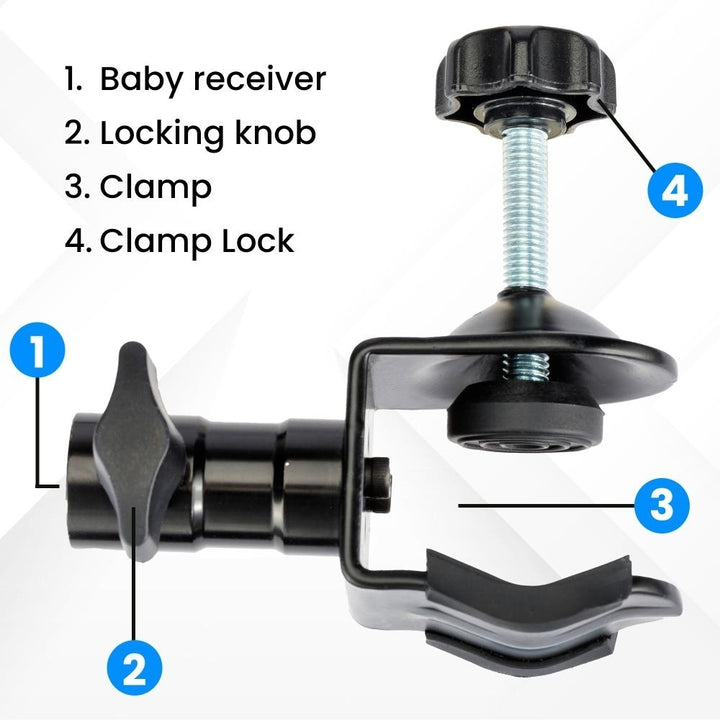 Heavy-Duty Adjustable Pole Clamp with Baby Receiver  Steel Construction Ergonomic Knob Rubber-Coated Clamp for Secure Image 7