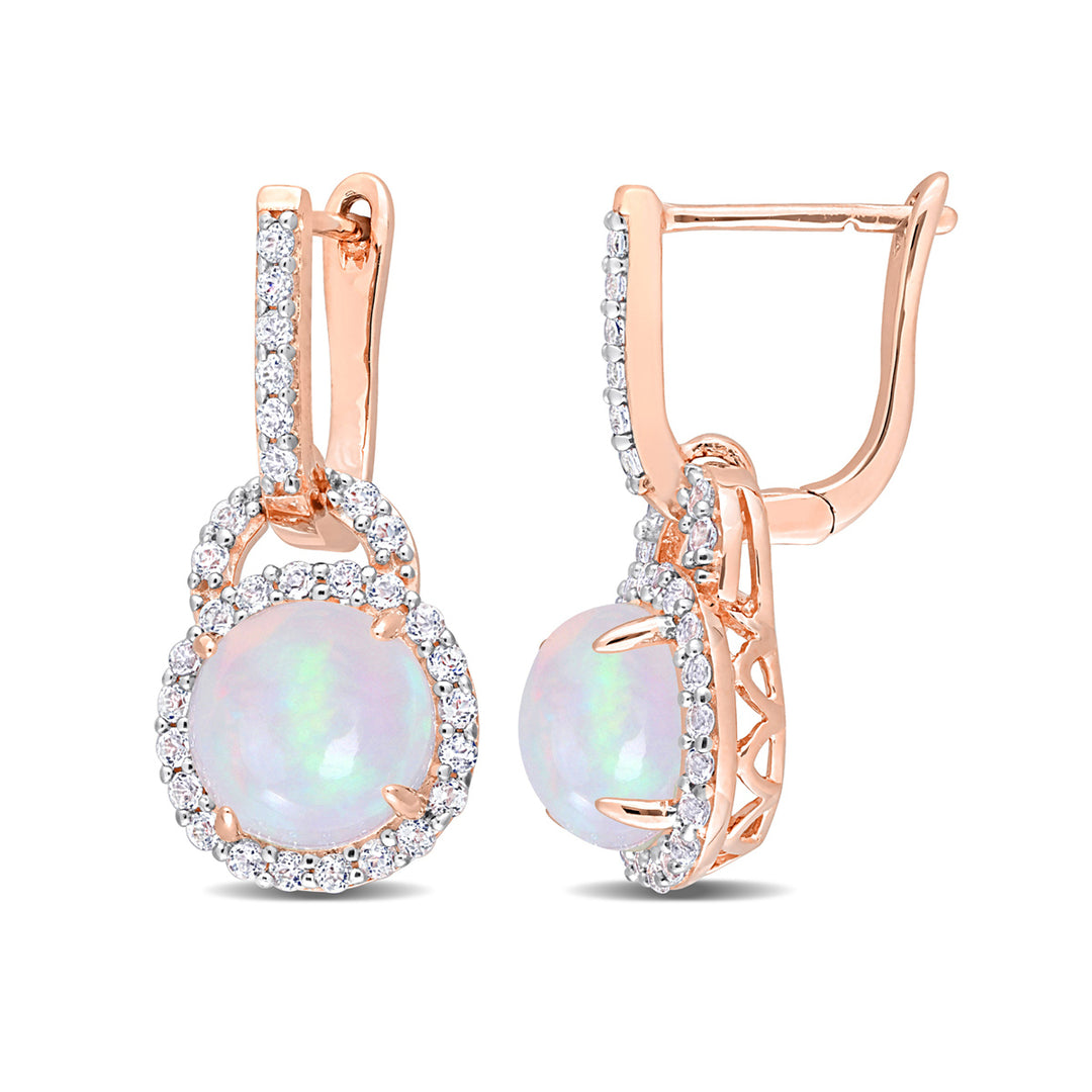 3.40 Carat (ctw) Blue Opal and White Topaz Dangle Earrings in Rose Sterling Silver Image 1