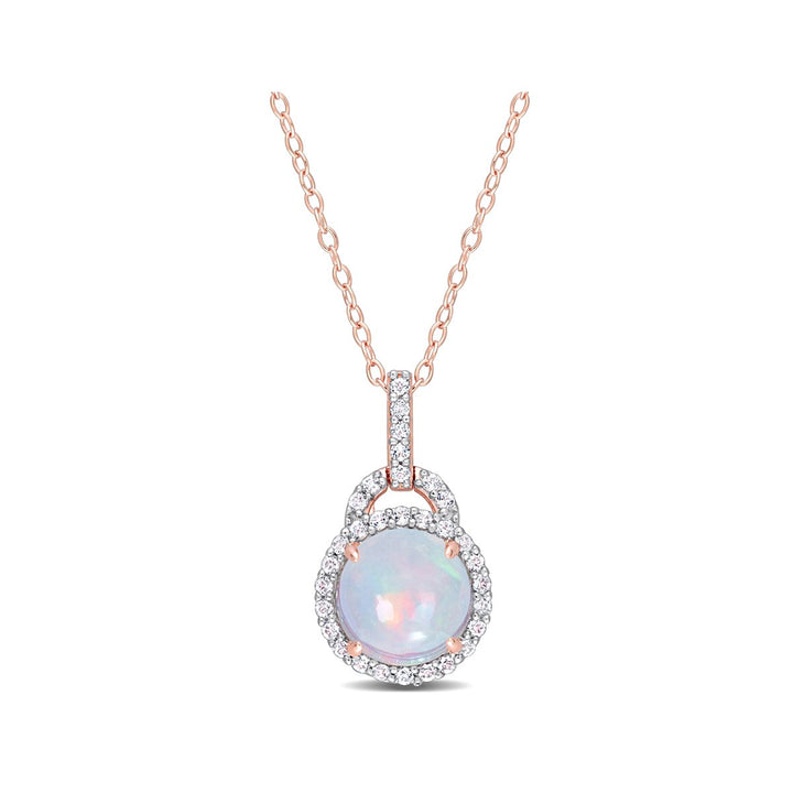 3.26 Carat (ctw) Blue Opal and White Topaz Halo Pendant Necklace in Rose Sterling Silver with Chain Image 1