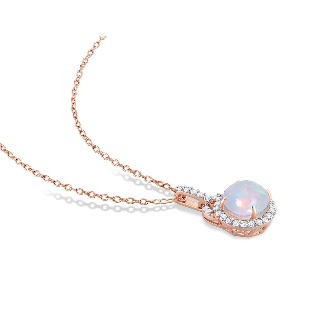 3.26 Carat (ctw) Blue Opal and White Topaz Halo Pendant Necklace in Rose Sterling Silver with Chain Image 4