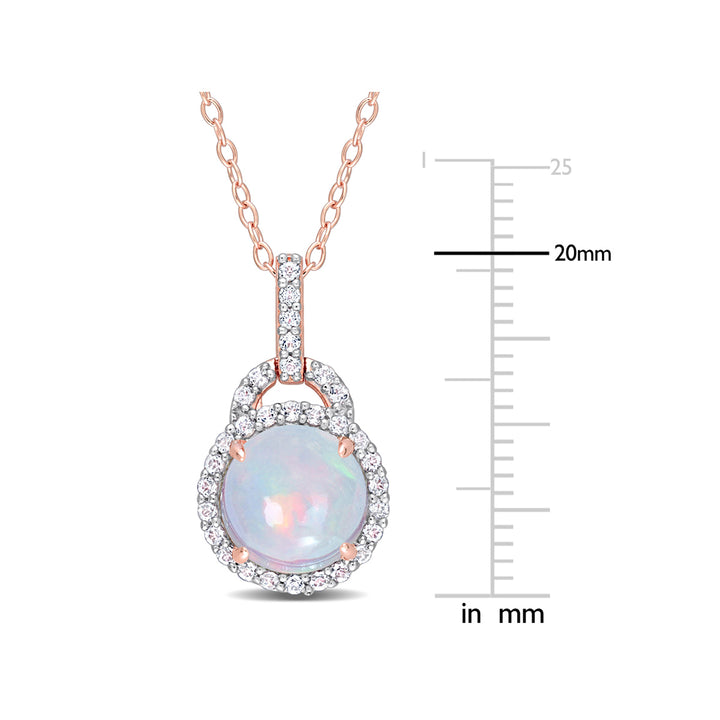 3.26 Carat (ctw) Blue Opal and White Topaz Halo Pendant Necklace in Rose Sterling Silver with Chain Image 4