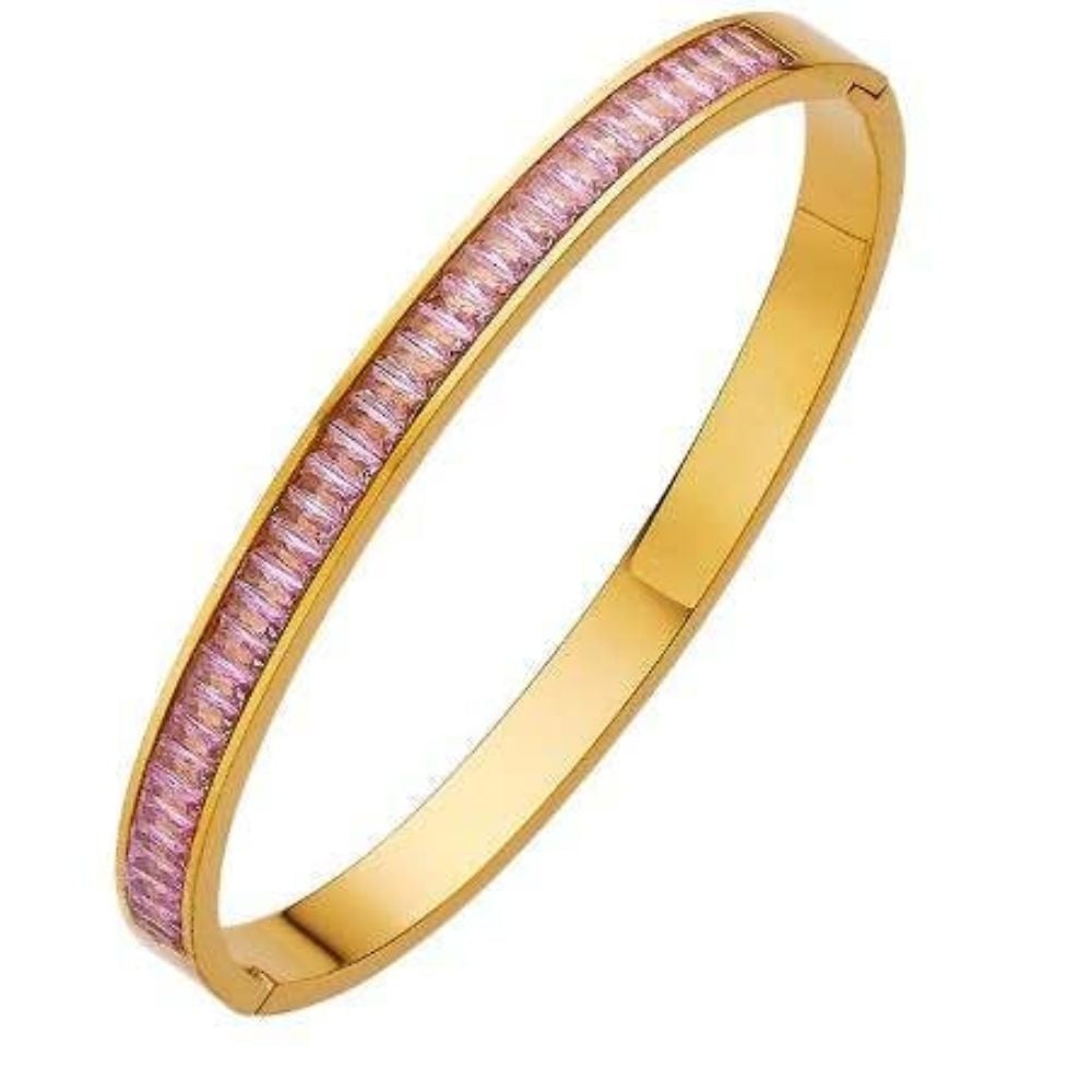 Paris Jewelry 18K Yellow Gold Hinged Woman 4CT Created Pink Sapphire Bangle Bracelet Plated Image 1