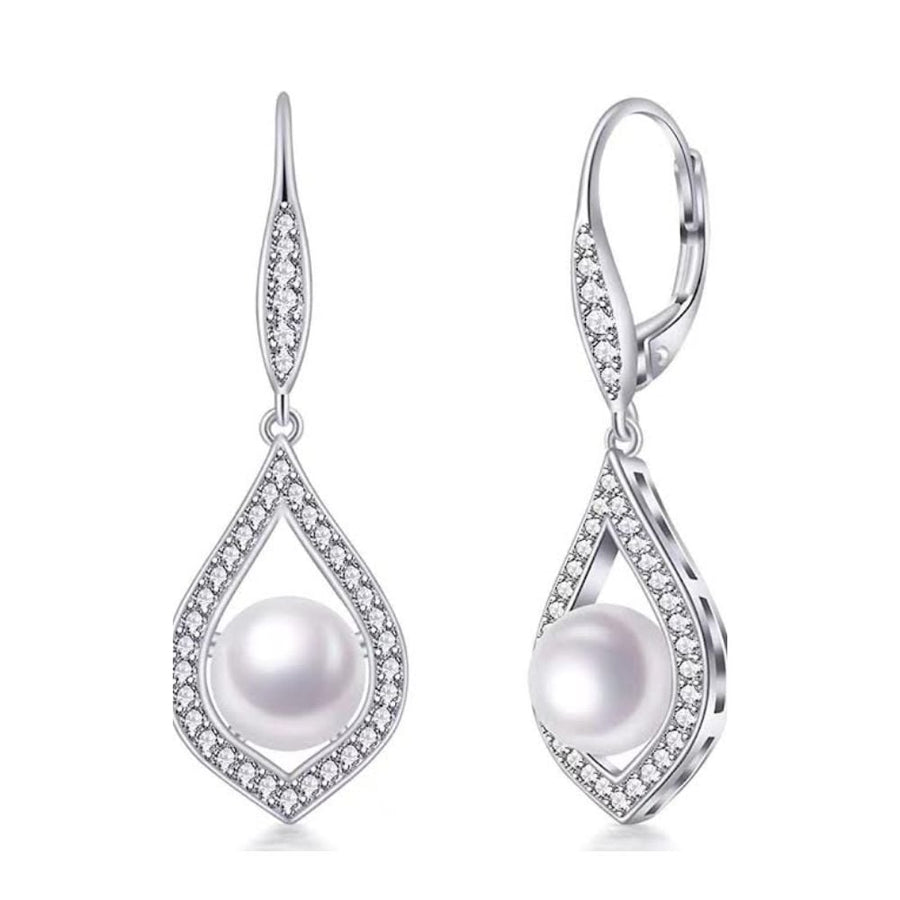 18K White Gold Freshwater Lever Back Teardrop White Pearl 8mm With Created Sapphire Earrings Plated Image 1