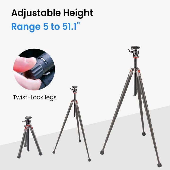 Compact Carbon Fiber Tripod w/ 2-Way Ball Head 13 lb Capacity Adjust Height (5-51.1") 14.5" Folded 5-Section Lightweight Image 4