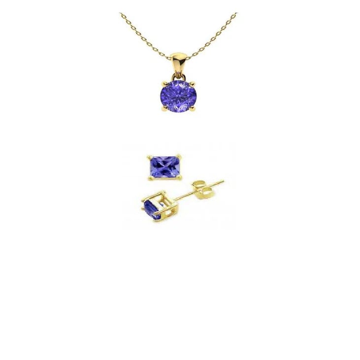 18K Yellow Gold 1ct Tanzanite Round 18 Inch Necklace And Square Earrings Set Plated Image 1