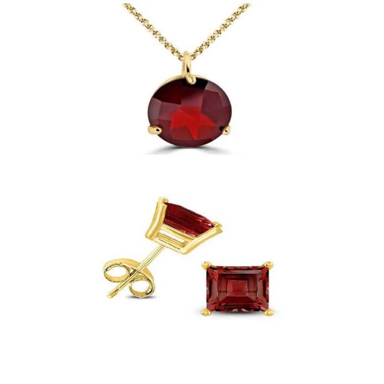 18K Yellow Gold 1ct Garnet Round 18 Inch Necklace And Square Earrings Set Plated Image 1