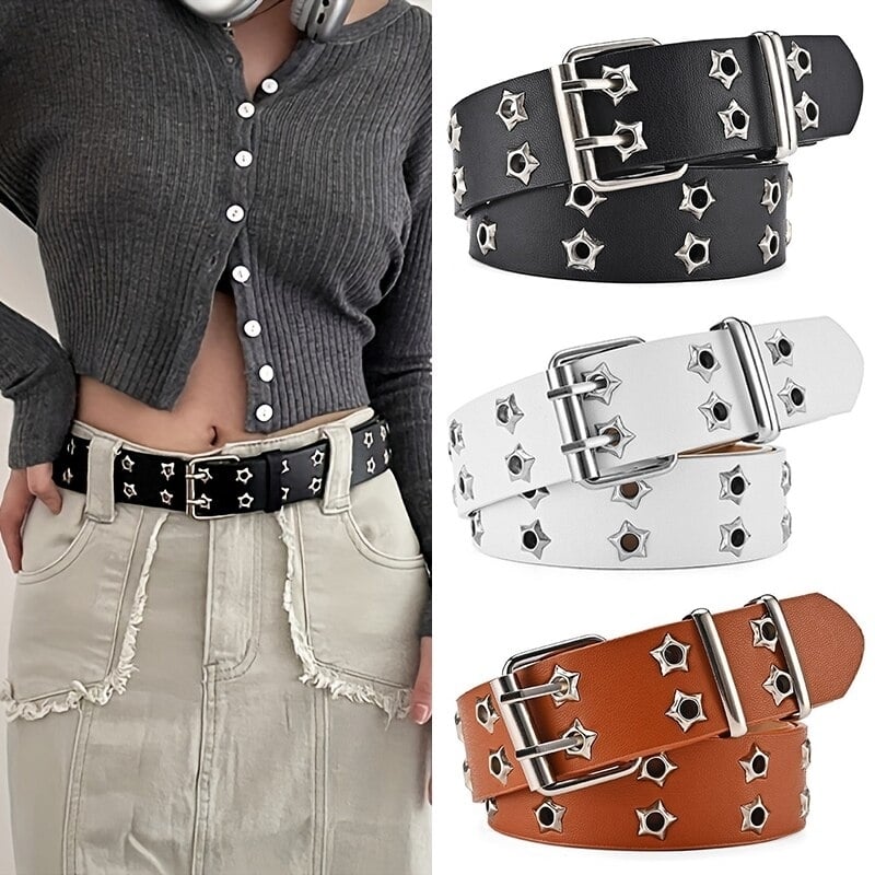 Star Eye Rivet Belt Goth Style Double Pin Buckle Man/woman Fashion Casual Punk Style Pu Leather Waistband for Jeans Y2K Image 1