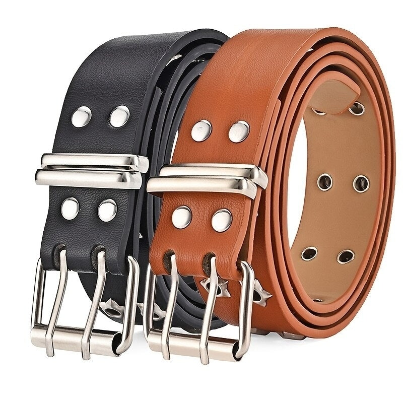 Star Eye Rivet Belt Goth Style Double Pin Buckle Man/woman Fashion Casual Punk Style Pu Leather Waistband for Jeans Y2K Image 4