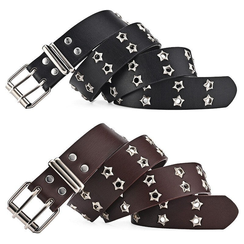 Star Eye Rivet Belt Goth Style Double Pin Buckle Man/woman Fashion Casual Punk Style Pu Leather Waistband for Jeans Y2K Image 6