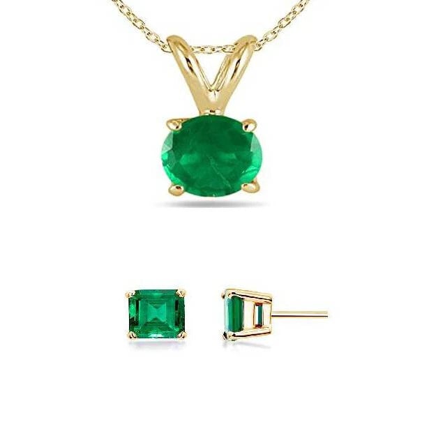 18K Yellow Gold 1ct Emerald Round 18 Inch Necklace And Square Earrings Set Plated Image 1