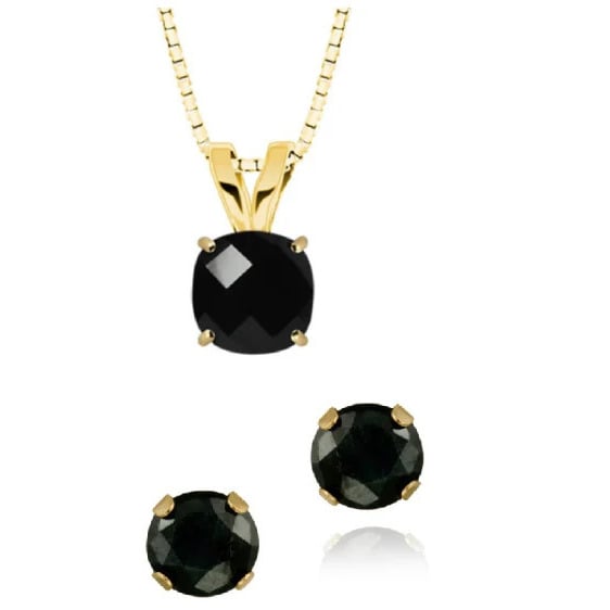 18K Yellow Gold 2ct Black Sapphire Square 18 Inch Necklace And Round Earrings Set Plated Image 1