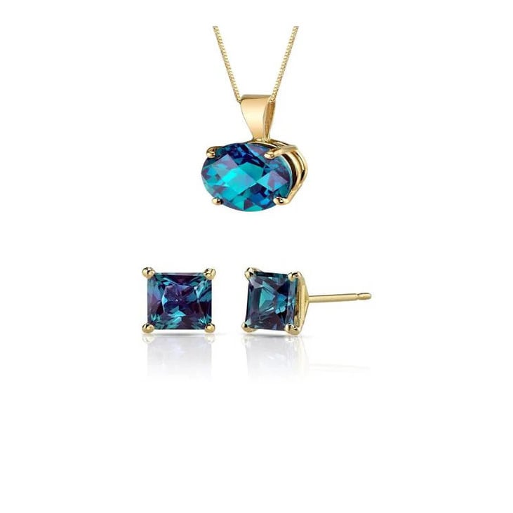 18K Yellow Gold 1ct Alexandrite Round 18 Inch Necklace And Square Earrings Set Plated Image 1