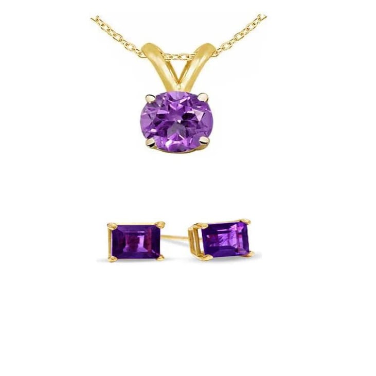 18K Yellow Gold 1ct Amethyst Round 18 Inch Necklace And Square Earrings Set Plated Image 1