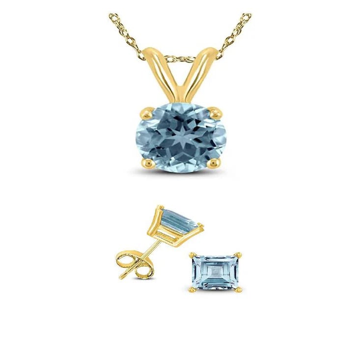 18K Yellow Gold 1ct Aquamarine Round 18 Inch Necklace And Square Earrings Set Plated Image 1