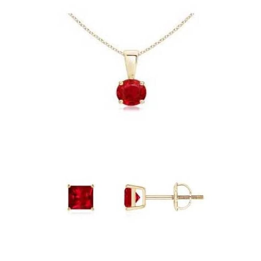 18K Yellow Gold 1ct Ruby Round 18 Inch Necklace And Square Earrings Set Plated Image 1