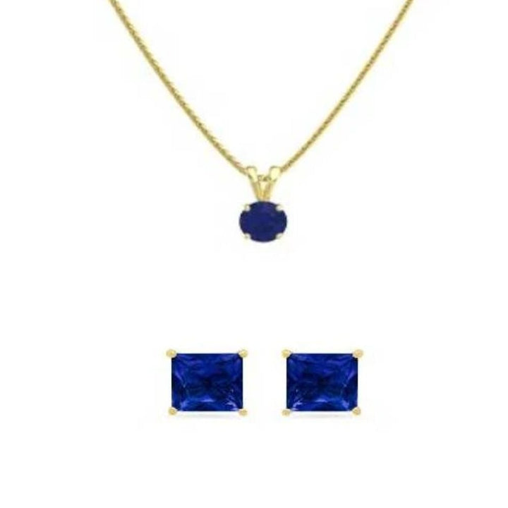 18K Yellow Gold 1ct Blue Sapphire Round 18 Inch Necklace And Square Earrings Set Plated Image 1