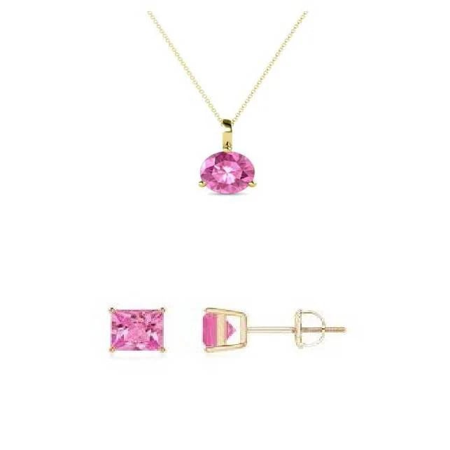 18K Yellow Gold 1ct Pink Sapphire Round 18 Inch Necklace And Square Earrings Set Plated Image 1