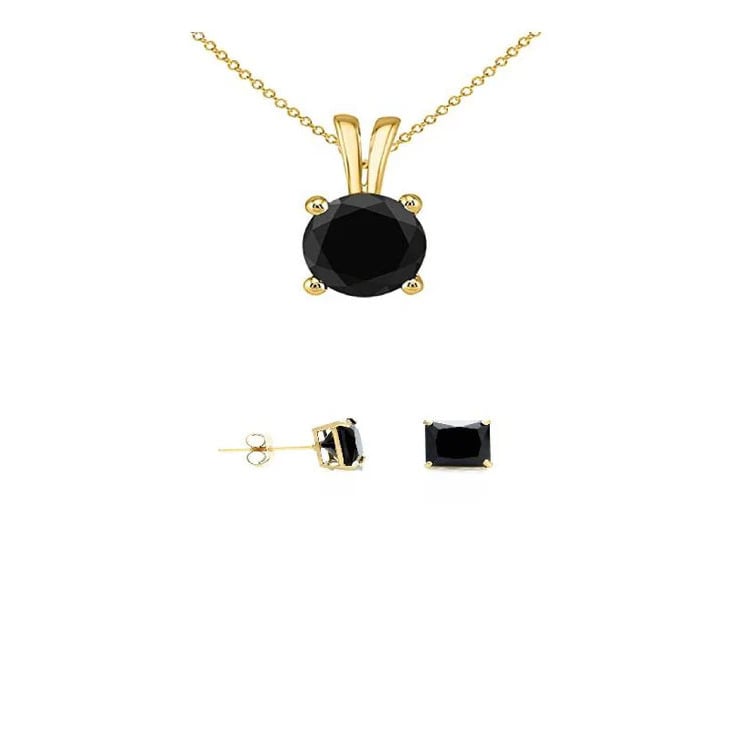 18K Yellow Gold 1ct Black Sapphire Round 18 Inch Necklace And Square Earrings Set Plated Image 1