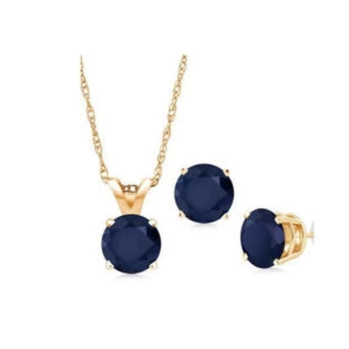 18K Yellow Gold 2ct Blue Sapphire Round 18 Inch Necklace And Earrings Set Plated Image 1