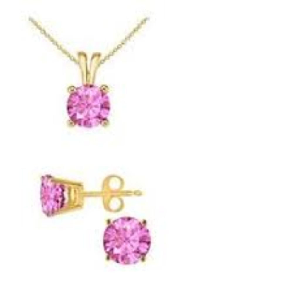 18K Yellow Gold 2ct Pink Sapphire Round 18 Inch Necklace And Earrings Set Plated Image 1