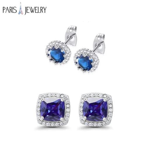 Paris Jewelry 18K White Gold Created Blue Sapphire 2 Carat Round And Princess Stud Earrings Plated Image 1