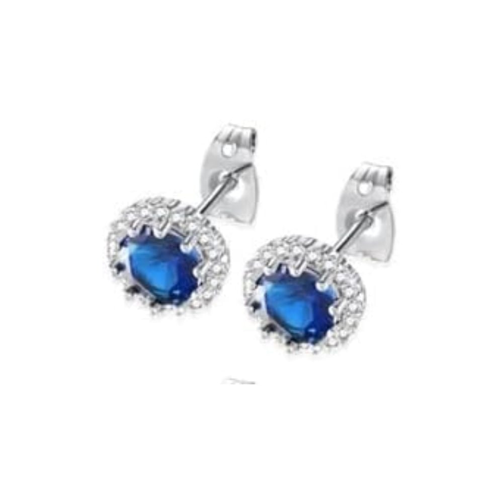 Paris Jewelry 18K White Gold Created Blue Sapphire 2 Carat Round And Princess Stud Earrings Plated Image 2