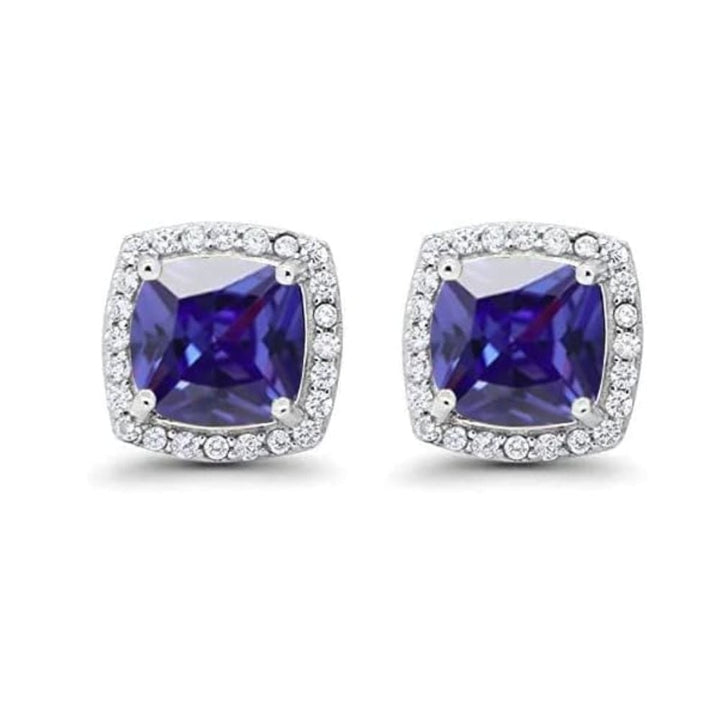 Paris Jewelry 18K White Gold Created Blue Sapphire 2 Carat Round And Princess Stud Earrings Plated Image 3