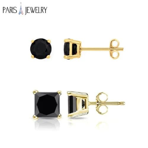 Paris Jewelry 18K Yellow Gold Created Black Sapphire 2 Carat Round And Princess Stud Earrings Plated Image 1