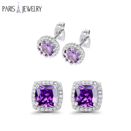 Paris Jewelry 18K White Gold Created Amethyst 2 Carat Round And Princess Stud Earrings Plated Image 1