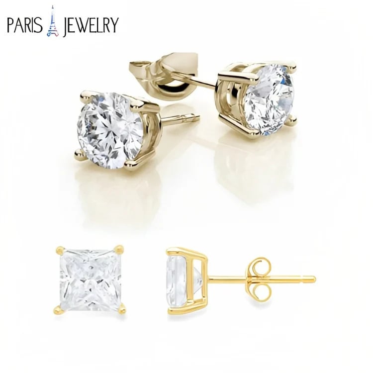 Paris Jewelry 18K Yellow Gold Created White Sapphire 2 Carat Round And Princess Stud Earrings Plated Image 1