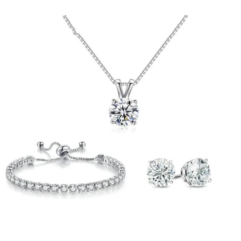 Paris Jewelry 18K White Gold 3 Set Created White Sapphire Round Necklace Earrings And Tennis Bracelet Plated Image 1